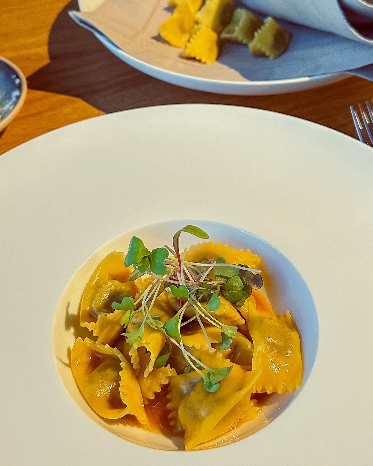 Bowl of stuffed tortellini with micro greens on top
