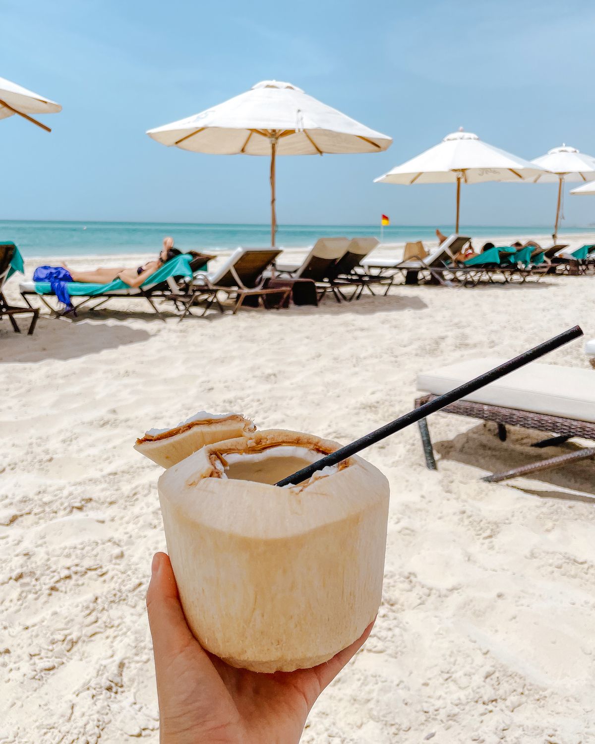 A fresh coconut on a white-sand beach on Saadiyat Island
