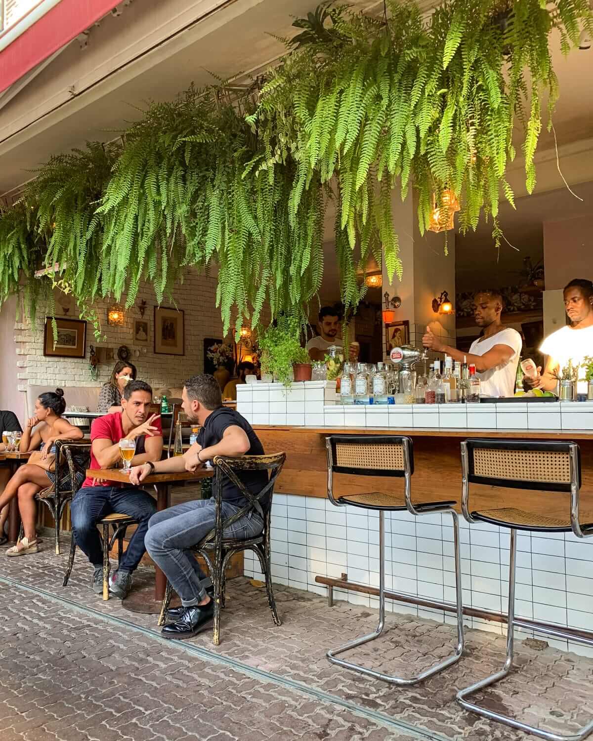 Le Pule bar with lush ferns hanging above the open counter and locals chatting over drinks at sidewalk tables, a top pick among the best bars in Rio for its ambience.