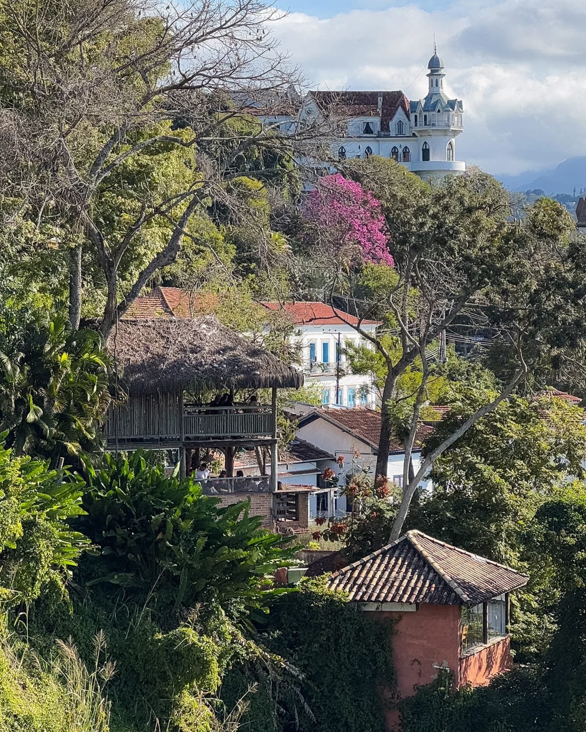 Hillside view of Santa Teresa with lush greenery and colonial-style buildings.