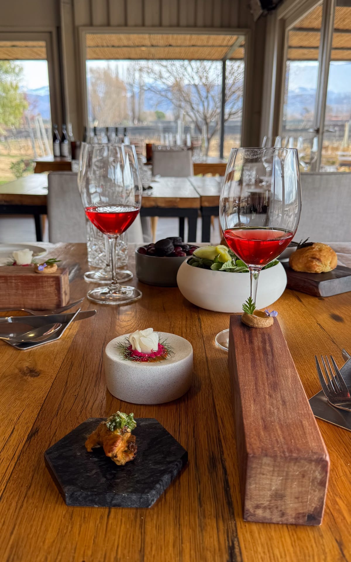 A table set with glasses of rosé and delicate small plates, framed by wide windows looking out to vineyards and the Andes at Riccitelli Bistro.