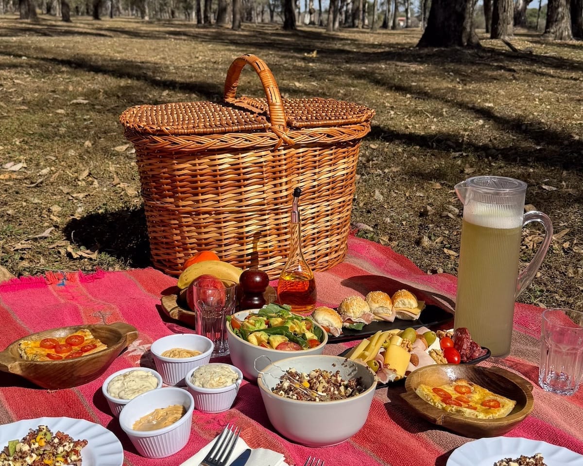 Gourmet picnic spread with local dishes, cheeses, and salad on a red blanket beneath shady trees at House of Jasmines in Salta.