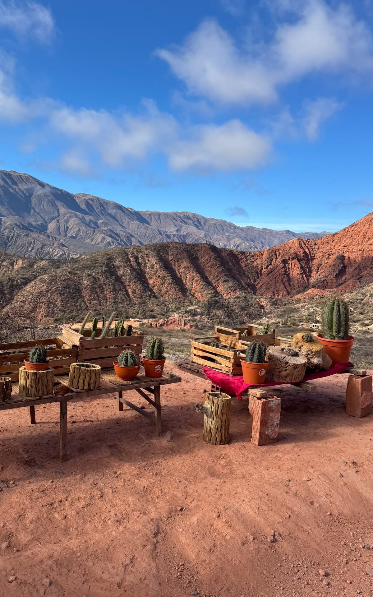 Small roadside stand selling potted cacti against a backdrop of red canyons and rugged desert mountains at Mirador S F Escoipe.