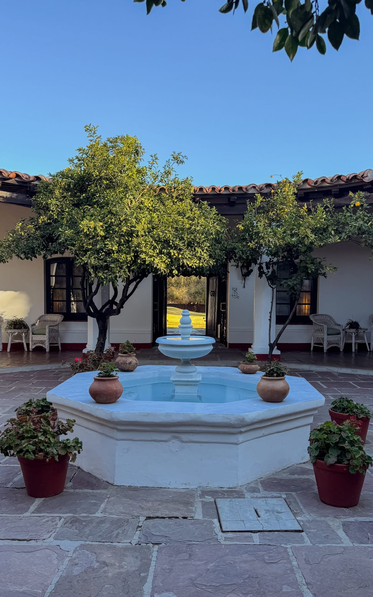 Peaceful courtyard at Patios de Cafayate with whitewashed walls, potted plants, orange trees, and a central fountain