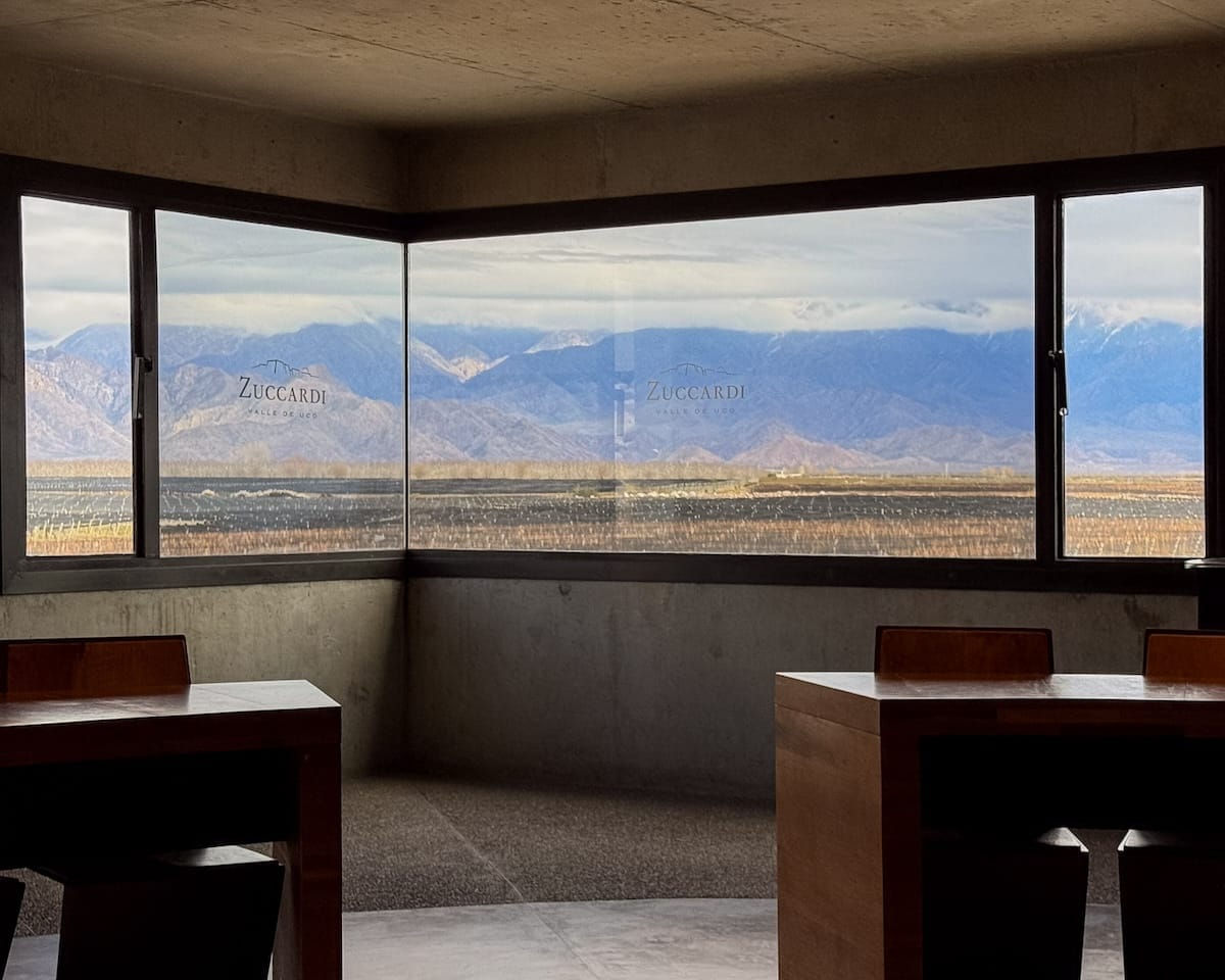 View from inside a tasting room at Zuccardi Valle de Uco winery showing vineyards and the Andes framed by wide glass windows.