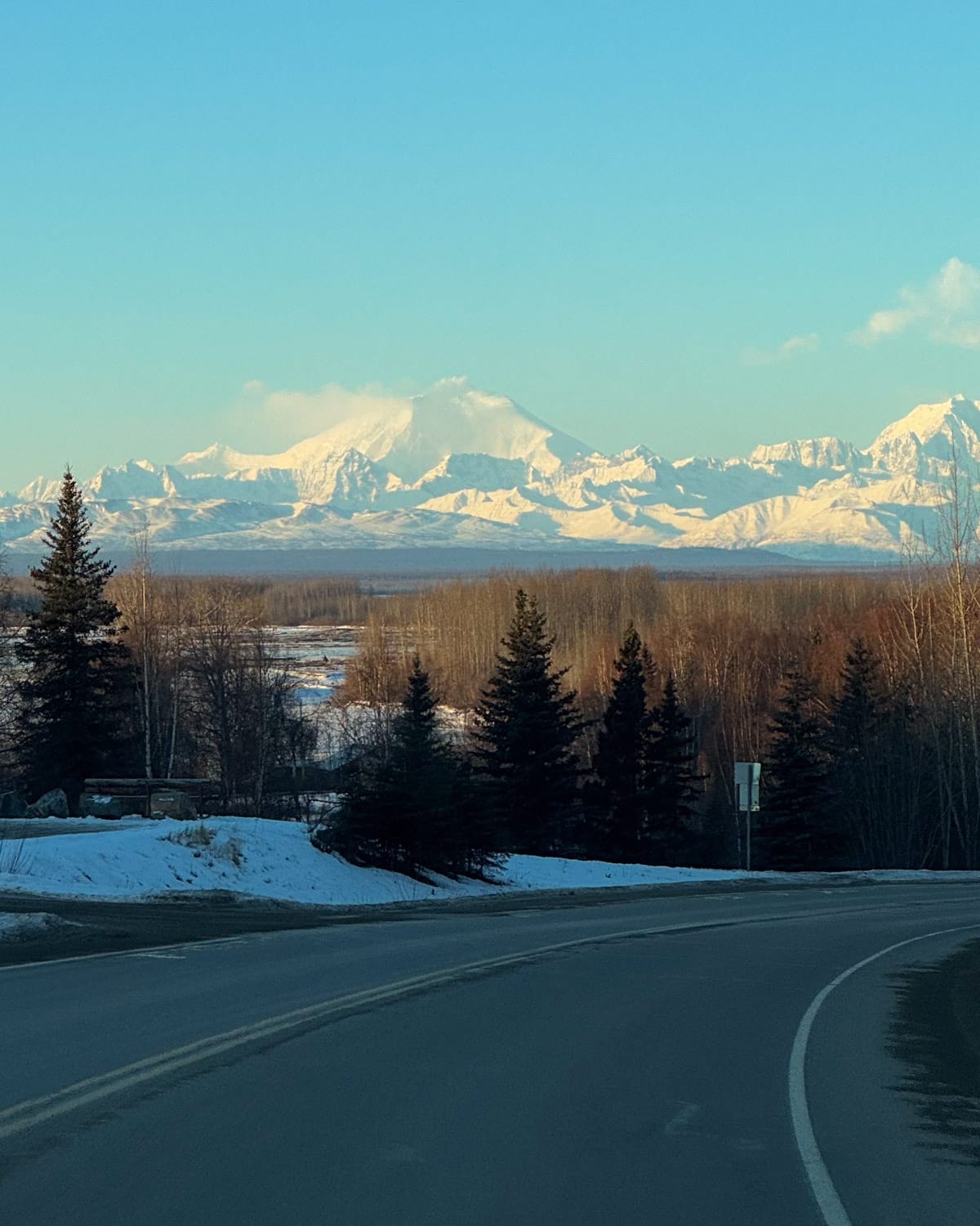 Scenic winter drive in Alaska with snow-covered Denali visible in the distance beyond forest and open valley.