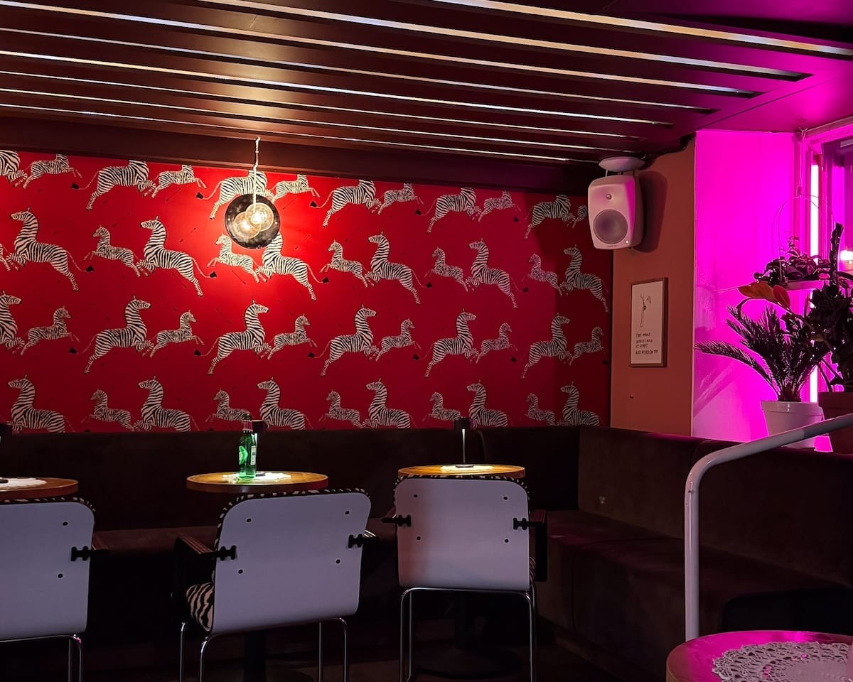 Zebra wallpaper, zebra chairs and pink neon lighting inside the stylish Riviera Cinema in Kallio.