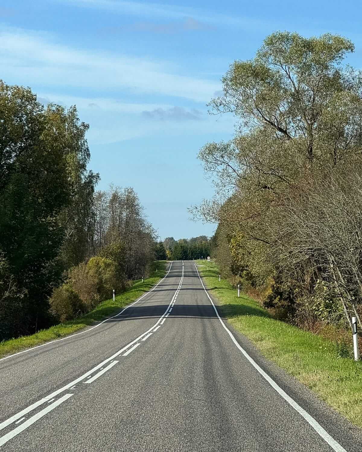 Quiet two-lane country road lined with trees during a scenic drive through rural Estonia.