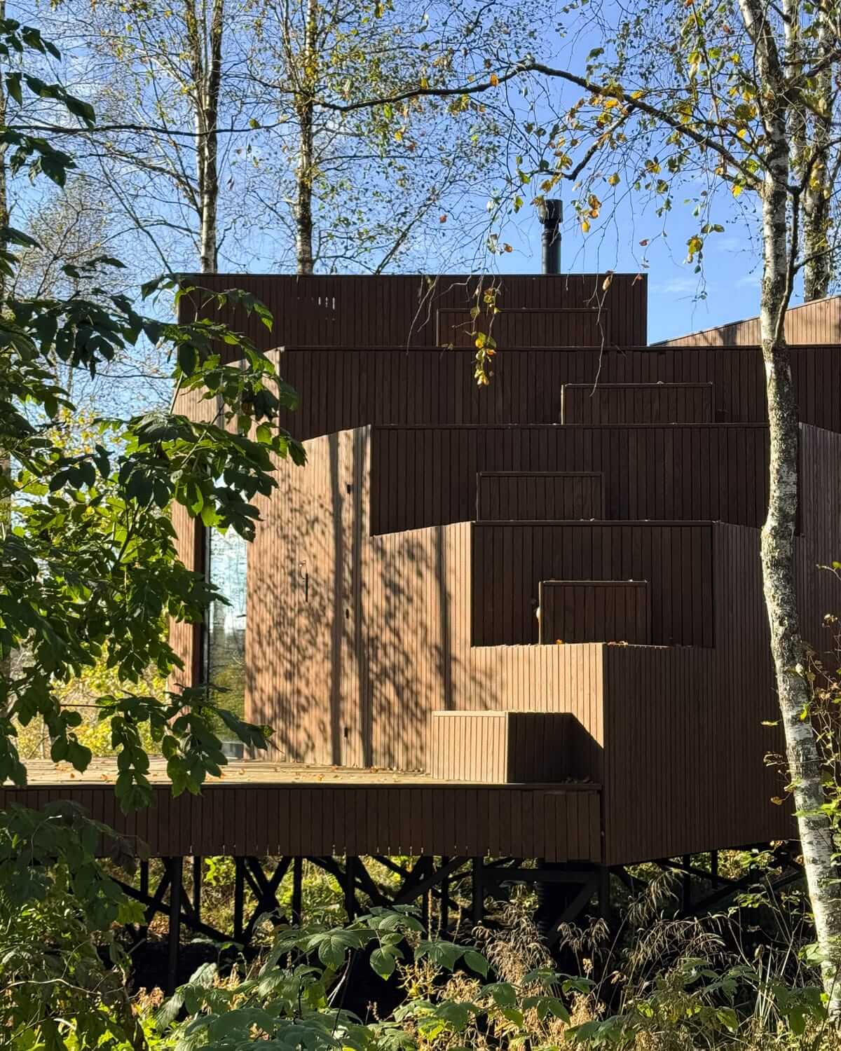 Architect-designed wooden nature villa on stilts at Maidla Nature Resort surrounded by birch forest in rural Estonia