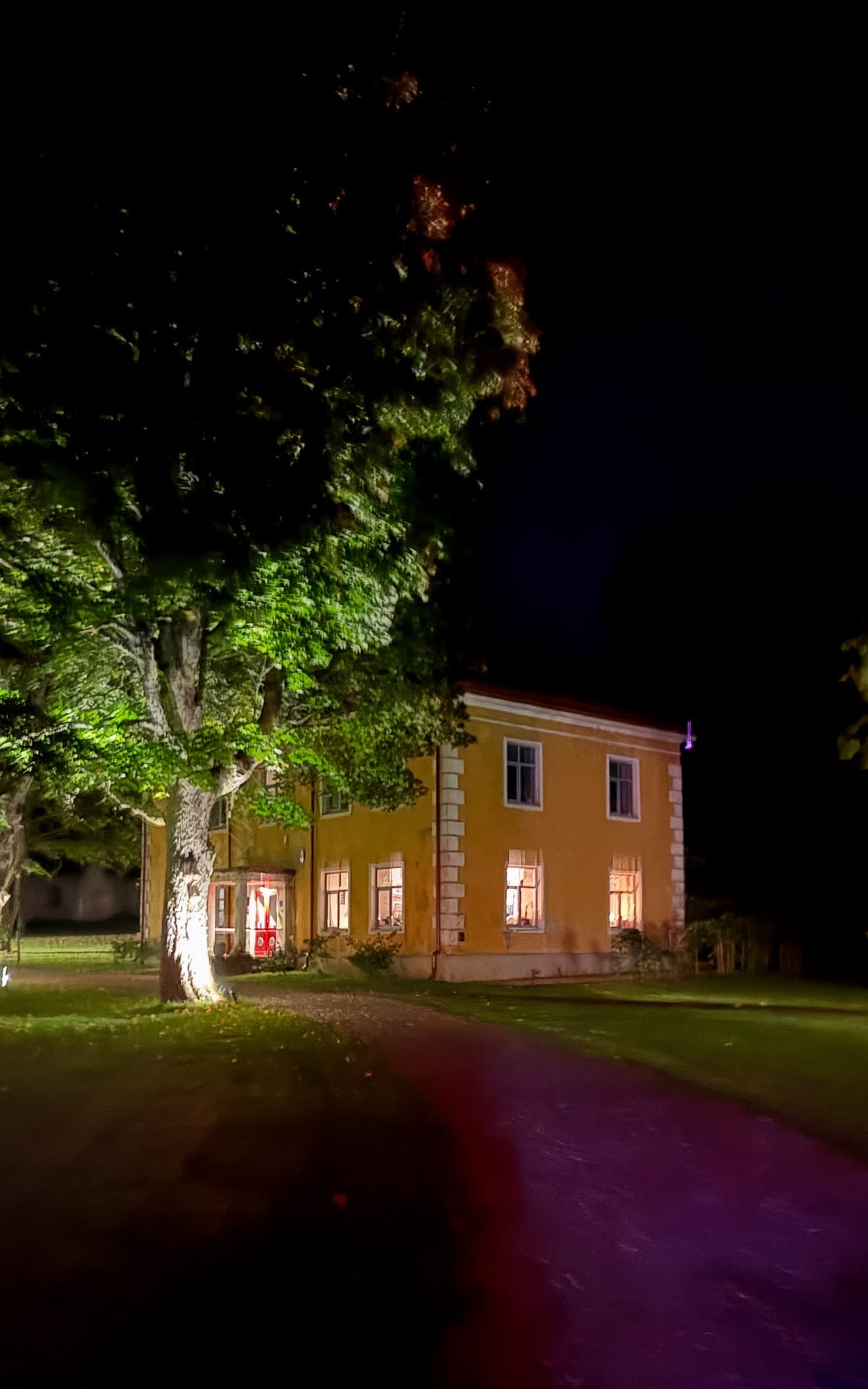 Historic yellow manor house of Maidla Mature Resort at night with illuminated windows and a large tree lit from below.